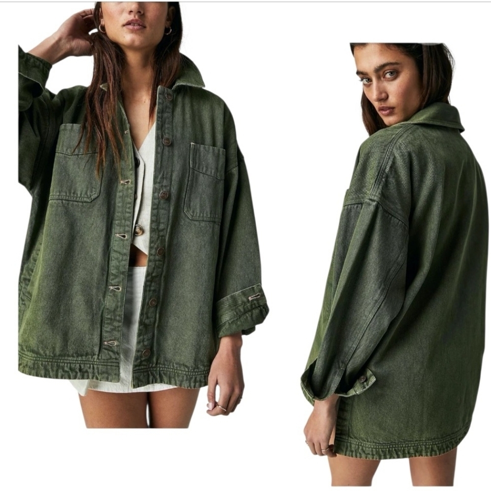 NWT Free People Green Jacket Denim Oversized Sz L - Picture 4 of 11